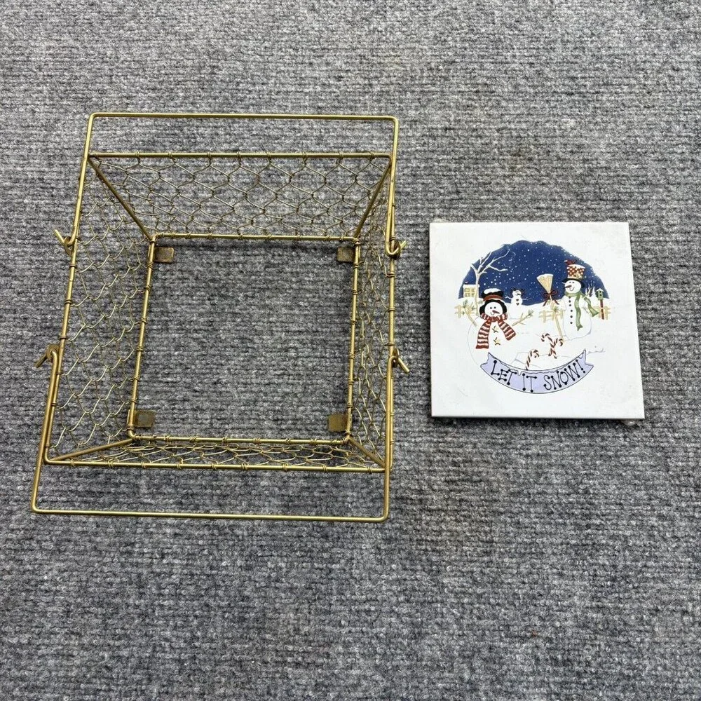 Christmas Basket Gold Wire Snowmen Bottom Tile Let It Snow Holiday Y2K Farmhouse